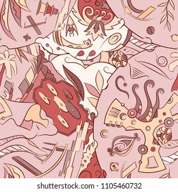 Seamless mehndi vector pattern. Hand-made ethnic illustration. Colorful doodle texture.