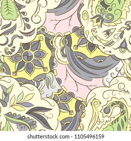 Seamless mehndi vector pattern. Hand-made ethnic illustration. Colorful doodle texture.