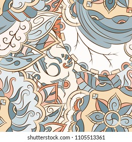 Seamless mehndi vector pattern. Hand-made ethnic illustration. Colorful doodle texture.