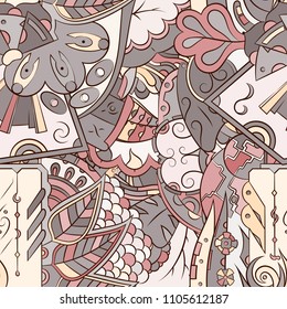 Seamless mehndi vector pattern. Hand-made ethnic illustration. Colorful doodle texture.