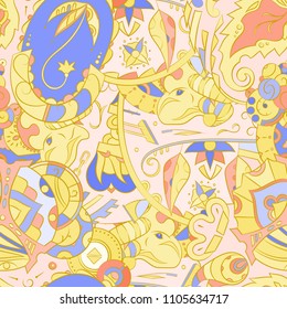 Seamless mehndi vector pattern. Hand-made ethnic illustration. Colorful doodle texture.