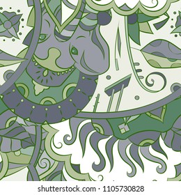 Seamless mehndi vector pattern. Hand-made ethnic illustration. Colorful doodle texture.