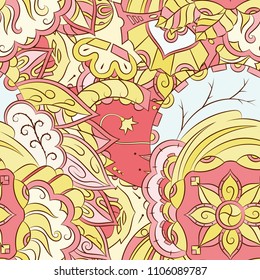 Seamless mehndi vector pattern. Hand-made ethnic illustration. Colorful doodle texture.