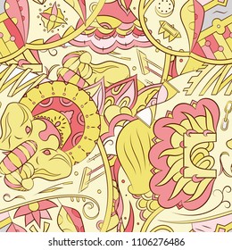 Seamless mehndi vector pattern. Hand-made ethnic illustration. Colorful doodle texture.