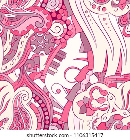 Seamless mehndi vector pattern. Hand-made ethnic illustration. Colorful doodle texture.