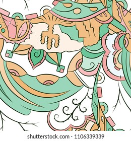 Seamless mehndi vector pattern. Hand-made ethnic illustration. Colorful doodle texture.