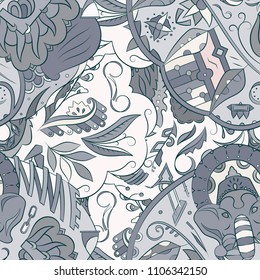 Seamless mehndi vector pattern. Hand-made ethnic illustration. Colorful doodle texture.