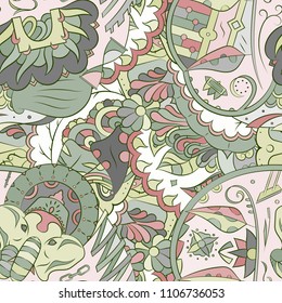 Seamless mehndi vector pattern. Hand-made ethnic illustration. Colorful doodle texture.