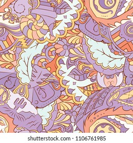 Seamless mehndi vector pattern. Hand-made ethnic illustration. Colorful doodle texture.