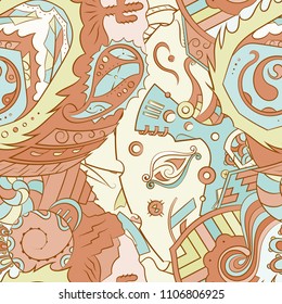 Seamless mehndi vector pattern. Hand-made ethnic illustration. Colorful doodle texture.