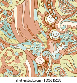 Seamless mehndi vector pattern. Hand-made ethnic illustration. Colorful doodle texture.