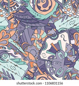 Seamless mehndi vector pattern. Hand-made ethnic illustration. Colorful doodle texture.