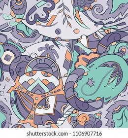 Seamless mehndi vector pattern. Hand-made ethnic illustration. Colorful doodle texture.