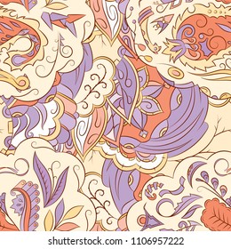 Seamless mehndi vector pattern. Hand-made ethnic illustration. Colorful doodle texture.