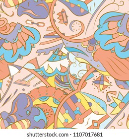 Seamless mehndi vector pattern. Hand-made ethnic illustration. Colorful doodle texture.
