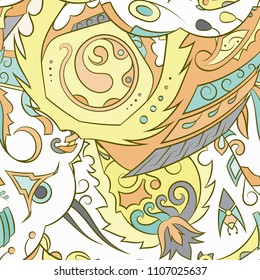 Seamless mehndi vector pattern. Hand-made ethnic illustration. Colorful doodle texture.