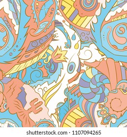 Seamless mehndi vector pattern. Hand-made ethnic illustration. Colorful doodle texture.