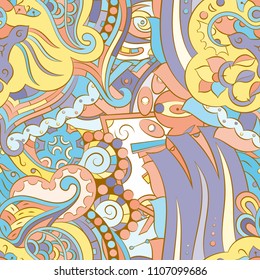 Seamless mehndi vector pattern. Hand-made ethnic illustration. Colorful doodle texture.