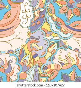 Seamless mehndi vector pattern. Hand-made ethnic illustration. Colorful doodle texture.