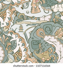 Seamless mehndi vector pattern. Hand-made ethnic illustration. Colorful doodle texture.