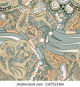 Seamless mehndi vector pattern. Hand-made ethnic illustration. Colorful doodle texture.