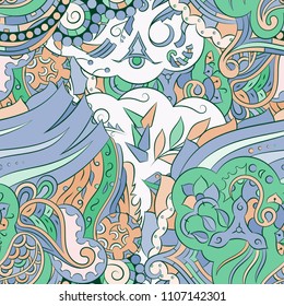 Seamless mehndi vector pattern. Hand-made ethnic illustration. Colorful doodle texture.
