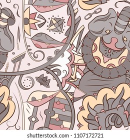 Seamless mehndi vector pattern. Hand-made ethnic illustration. Colorful doodle texture.