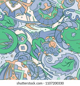 Seamless mehndi vector pattern. Hand-made ethnic illustration. Colorful doodle texture.