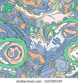 Seamless mehndi vector pattern. Hand-made ethnic illustration. Colorful doodle texture.