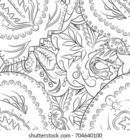 Seamless mehndi vector pattern. Hand-made illustration. Black and white binary pattern, monochrome doodle texture.