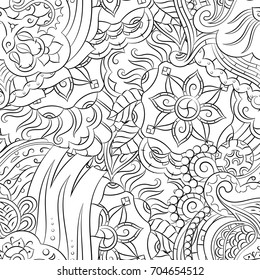 Seamless mehndi vector pattern. Hand-made illustration. Black and white binary pattern, monochrome doodle texture.