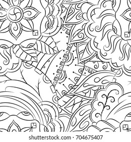 Seamless mehndi vector pattern. Hand-made illustration. Black and white binary pattern, monochrome doodle texture.