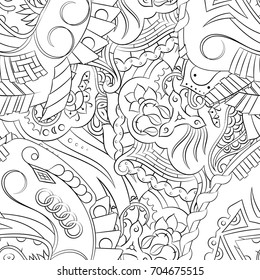 Seamless mehndi vector pattern. Hand-made illustration. Black and white binary pattern, monochrome doodle texture.