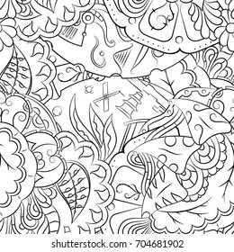 Seamless mehndi vector pattern. Hand-made illustration. Black and white binary pattern, monochrome doodle texture.