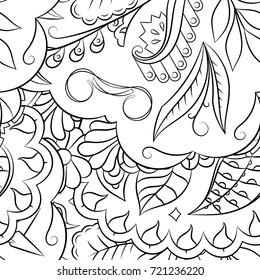 Seamless mehndi vector pattern. Hand-made illustration. Black and white binary pattern, monochrome doodle texture.