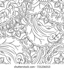 Seamless mehndi vector pattern. Hand-made illustration. Black and white binary pattern, monochrome doodle texture.