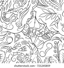 Seamless mehndi vector pattern. Hand-made illustration. Black and white binary pattern, monochrome doodle texture.