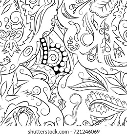 Seamless mehndi vector pattern. Hand-made illustration. Black and white binary pattern, monochrome doodle texture.