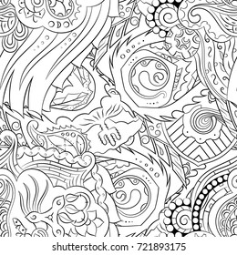 Seamless mehndi vector pattern. Hand-made illustration. Black and white binary pattern, monochrome doodle texture.