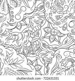 Seamless mehndi vector pattern. Hand-made illustration. Black and white binary pattern, monochrome doodle texture.