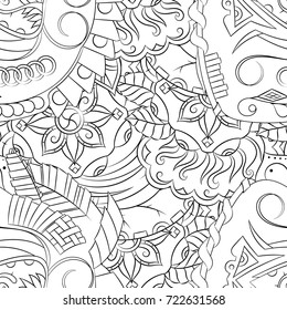 Seamless mehndi vector pattern. Hand-made illustration. Black and white binary pattern, monochrome doodle texture.