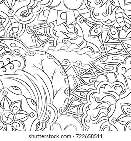 Seamless mehndi vector pattern. Hand-made illustration. Black and white binary pattern, monochrome doodle texture.