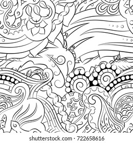 Seamless mehndi vector pattern. Hand-made illustration. Black and white binary pattern, monochrome doodle texture.