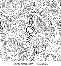 Seamless mehndi vector pattern. Hand-made illustration. Black and white binary pattern, monochrome doodle texture.
