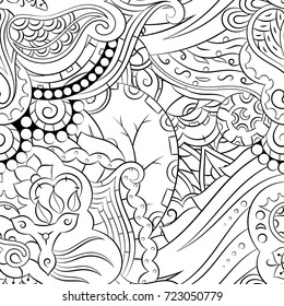 Seamless mehndi vector pattern. Hand-made illustration. Black and white binary pattern, monochrome doodle texture.