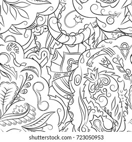 Seamless mehndi vector pattern. Hand-made illustration. Black and white binary pattern, monochrome doodle texture.