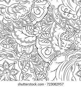 Seamless mehndi vector pattern. Hand-made illustration. Black and white binary pattern, monochrome doodle texture.