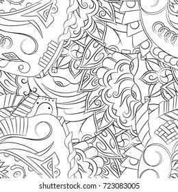 Seamless mehndi vector pattern. Hand-made illustration. Black and white binary pattern, monochrome doodle texture.