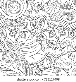 Seamless mehndi vector pattern. Hand-made illustration. Black and white binary pattern, monochrome doodle texture.