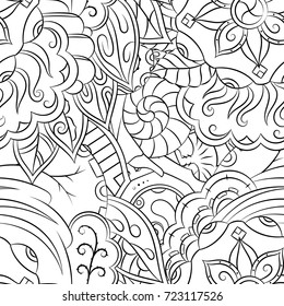 Seamless mehndi vector pattern. Hand-made illustration. Black and white binary pattern, monochrome doodle texture.